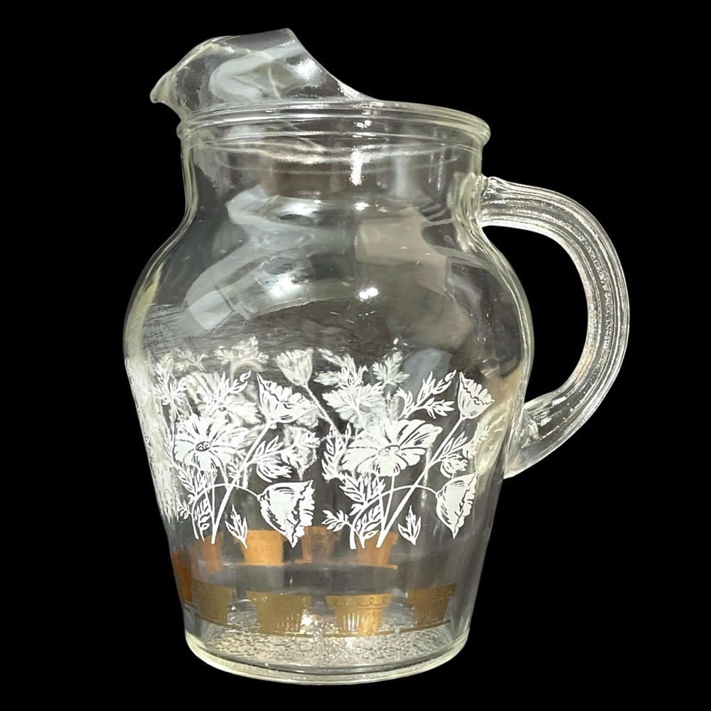Vintage 1950s Bartlett Collins Glass Pitcher White Flowers and Golden Accents
